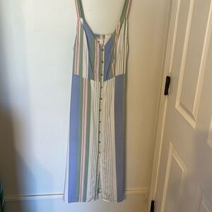Sleeveless summer dress. Striped blue, green, pink, white.